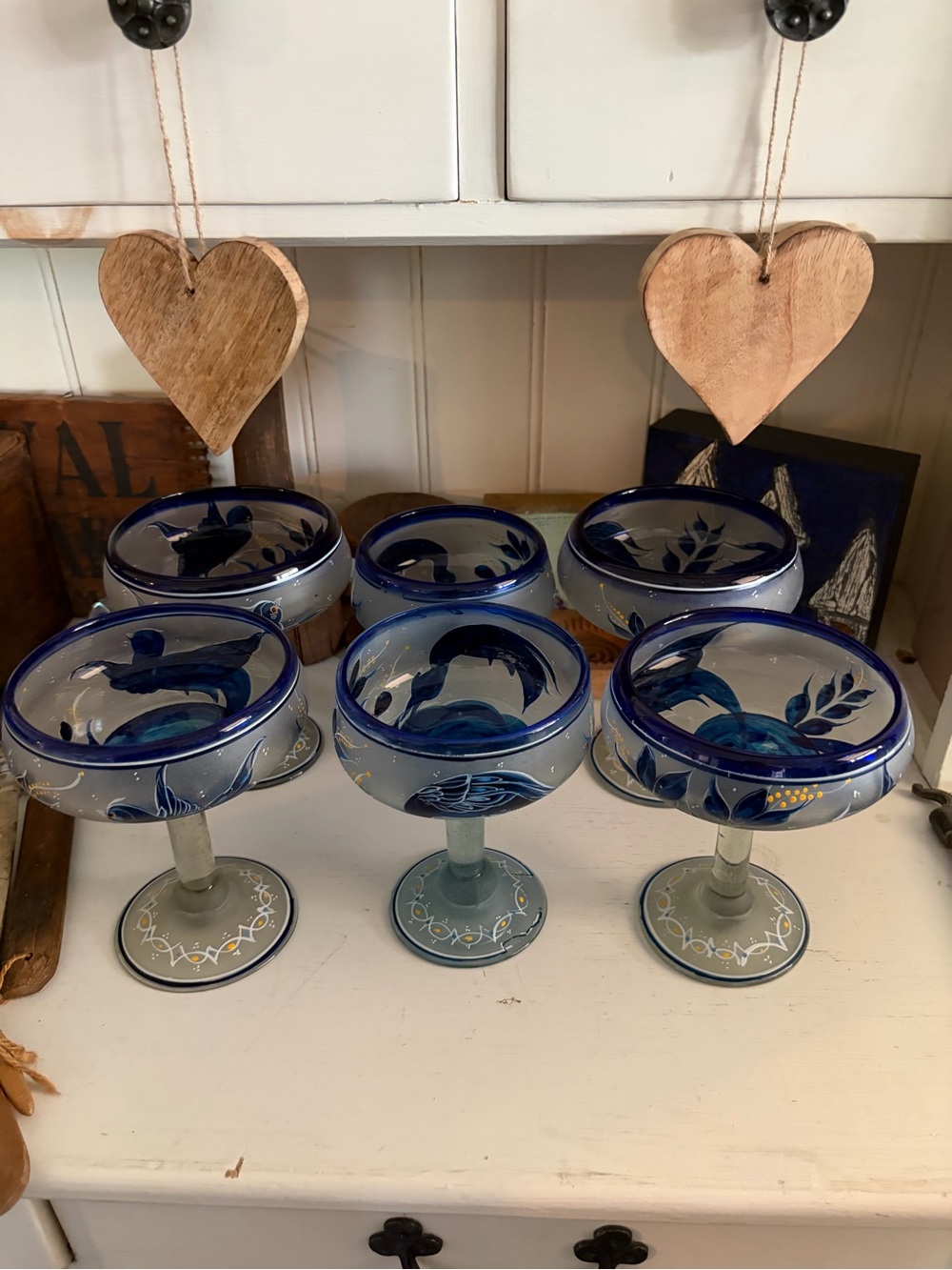 Amma Mexico Hand-Painted Blue Glass Margarita Glasses - Set of 6